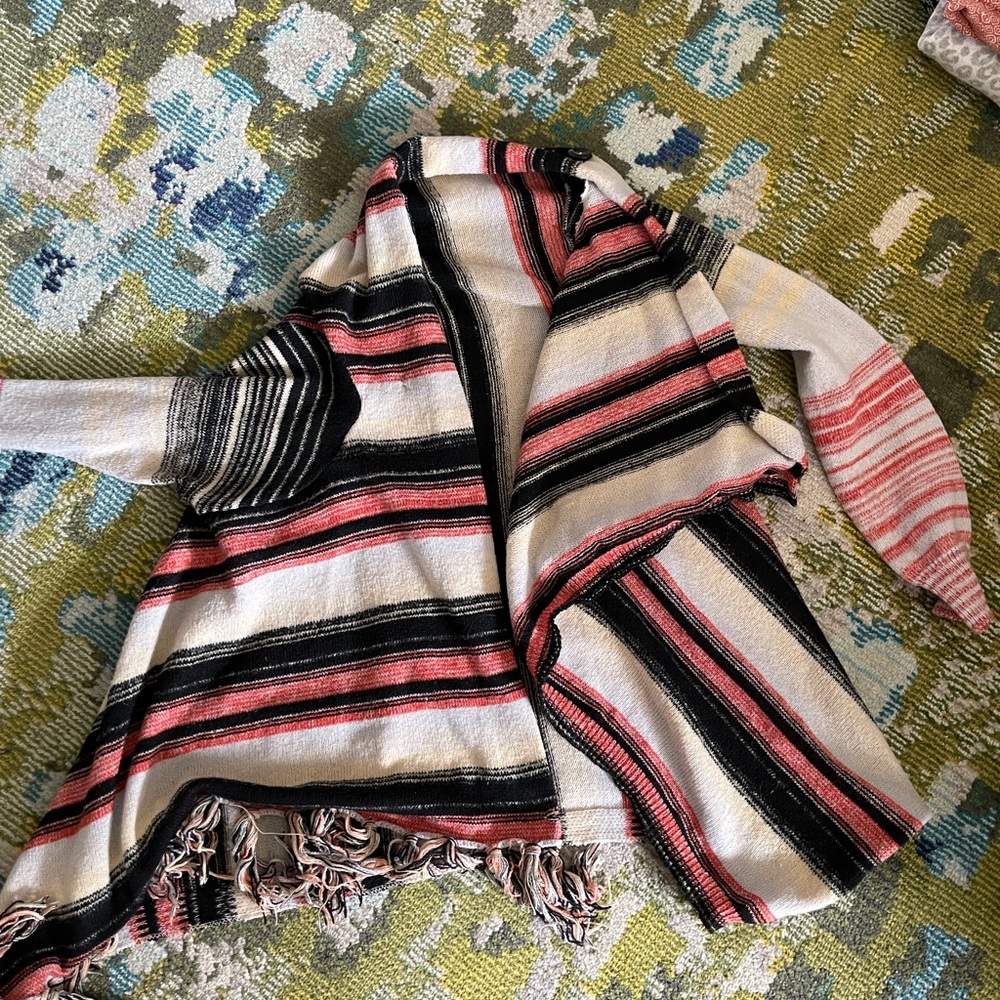 Striped Open-Front Poncho Cardigan in Cream, Pink & Black